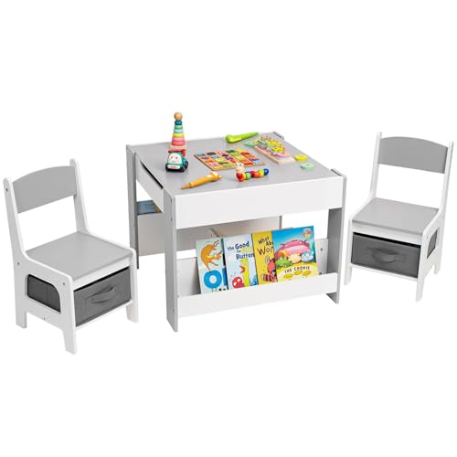 Yorbay Kindertisch mit 2 Stühle, Kindermöbel Set aus Holz mit Stauraum und Bücherregalen, 3 in 1 Maltisch & Aktivitätstisch & Tafeltisch, Kinderzimmer, Spielzimmer, Vorschüler (Grau)