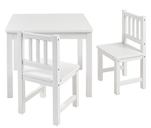 Bomi Kindertisch mit 2 Stühlen Amy | abgerundete Ecken und Kanten | aus FSC nachhaltiger Kiefer Massiv | Holz sitzgruppe kind | für Kleinkinder, Mädchen und Jungen Weiß