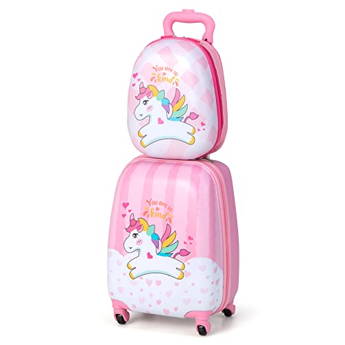 COSTWAY 2tlg Kinderkoffer + Rucksack, Kindertrolley aus Kunststoff, Kindergepäck, Kinder Kofferset Handgepäck Reisegepäck Hartschalenkoffer für Jungen und Mädchen (Pink Einhorn, 12'+16')