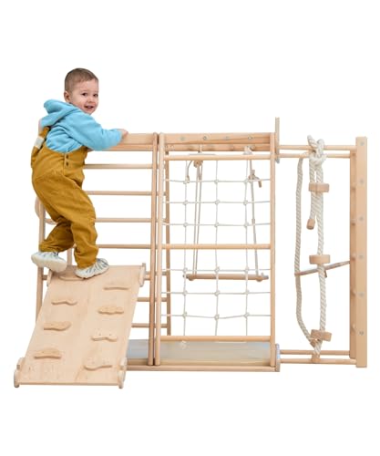 WoodandHearts Jungle Gym, Holzkletterer, skandinavischer Spielbereich: Schaukelrampe, Kletterseil, Klettergerüst, Turnringe, Kinderschaukeln, Spielmatte in blau-beigem Farbton