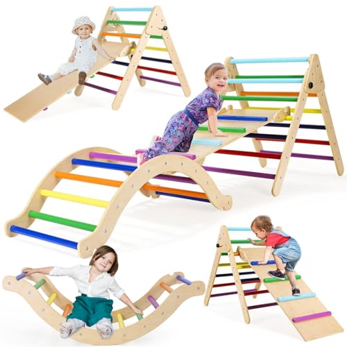 Klettergerüst für Kinder, 3 in 1 Kinder Kletterleiter Set, Regenbogen Kletterdreieck mit Rutsche, Kletterleiter und Kletterbogen, Wippe, Klettergerüst Indoor, klettergerüst Indoor ab 1 Jahr