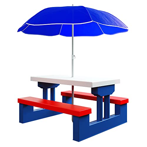 Spielwerk® Kindersitzgruppe Sonnenschirm UV Schutz Stecksystem Waschbar ABS Kunststoff Wasser Wetterfest Outdoor Picknicktisch Kindertisch Gartenmöbel
