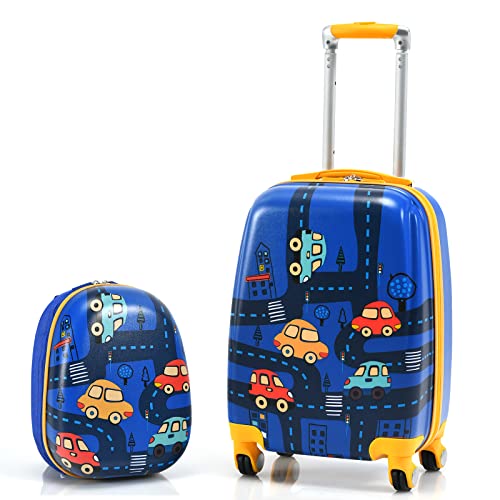 DREAMADE Kinderkoffer Jungen mit Rucksack 18'+12', 2 TLG. Kinderkoffer Set, Kindergepäck Trolley, Kindertrolley Jungen & Mädchen, Reisetrolley mit Rollen (Dunkelblau-Auto, 18 Zoll + 12 Zoll)