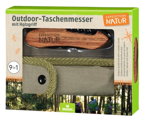 Expedition Natur Outdoor-Taschenmesser mit Holzgriff, 9 in 1 Multifunktionswerkzeug, für Camping und Outdoor, für Kinder ab 8 Jahren, Schwarz-Braun