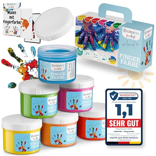 CreaTek - Fingerfarben Kinder ungiftig ab 2 Jahre - inkl. toller Vorlagen - 100% sicher, vegan, geruchlos & auswaschbar - 6x leuchtende Grundfarben je 60ml - Fingermalfarben für Kinder ungiftig