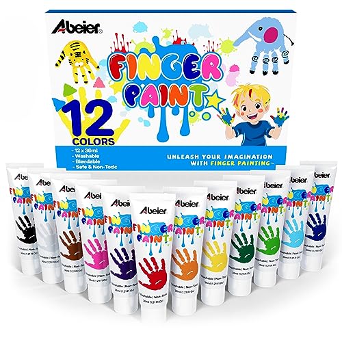 ABEIER Fingerfarben Kinder Ungiftig, Waschfest, 12 x 36ml, Auswaschbar Kleinkinder Fingermalfarben, Baby Farbe für Abdrücke, Sicheres Malzubehör für Kleinkinder Schule Frühes Lernen, Kinder ab 2...